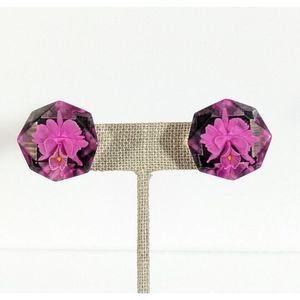 Pink Iris Flower Reverse Carved Lucite Plastic Vintage Screw back Earrings